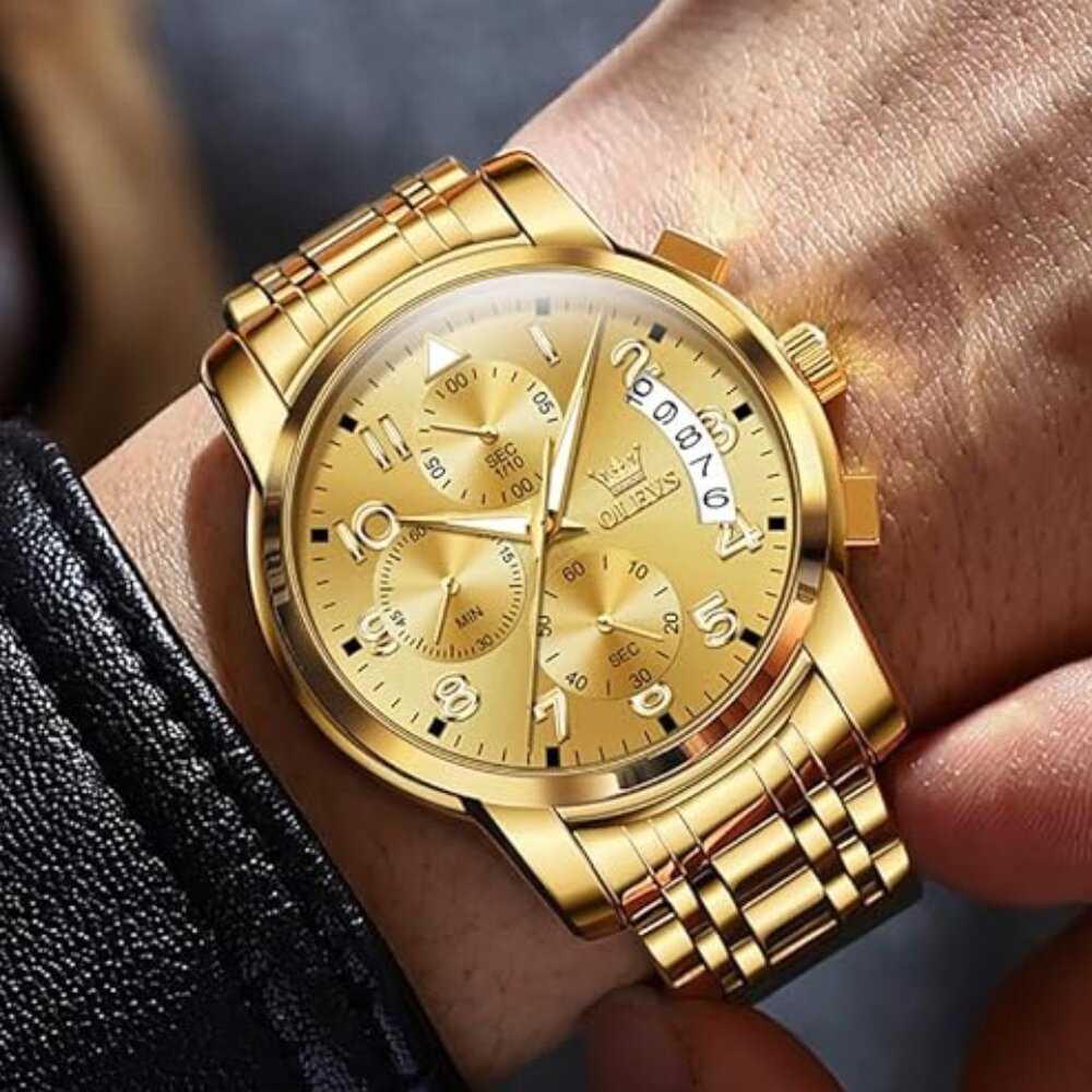 NEW! Mens Wristwatch Analog Dress Two Tone Stainless Steel Gold Dial Chronograph